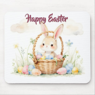 Cute Easter Bunny in Basket with Colourful Eggs Mouse Mat