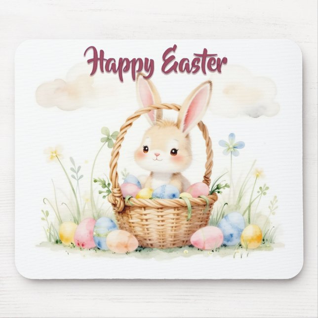 Cute Easter Bunny in Basket with Colourful Eggs Mouse Mat (Front)