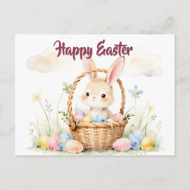 Cute Easter Bunny in Basket with Colourful Eggs Postcard (Front)