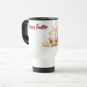 Cute Easter Bunny in Basket with Colourful Eggs Travel Mug