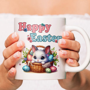 Cute Easter Bunny in Basket with Eggs and Flowers Coffee Mug