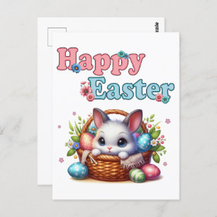 Cute Easter Bunny in Basket with Eggs and Flowers Postcard