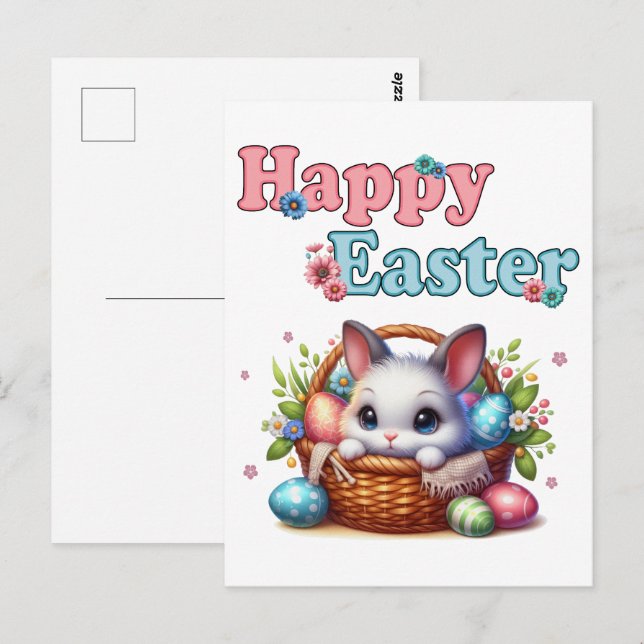 Cute Easter Bunny in Basket with Eggs and Flowers Postcard (Front/Back)