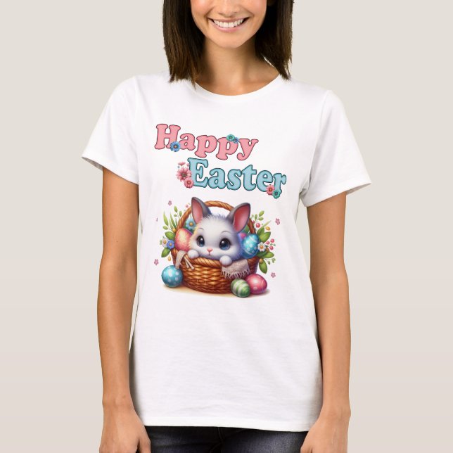 Cute Easter Bunny in Basket with Eggs and Flowers T-Shirt (Front)