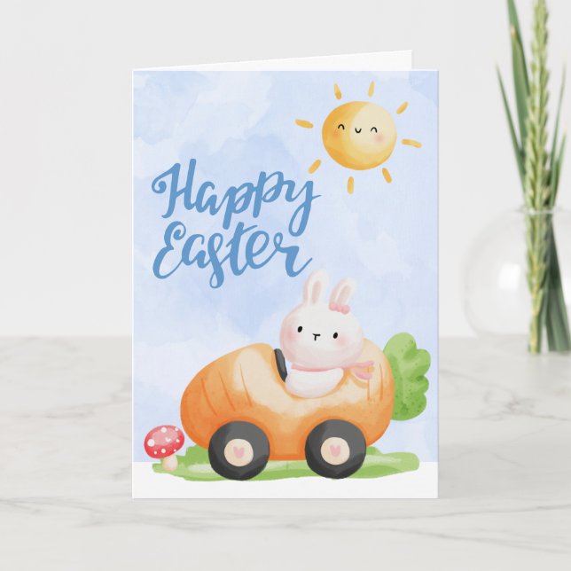 Cute Easter Bunny in Carrot Car Holiday Card (Front)