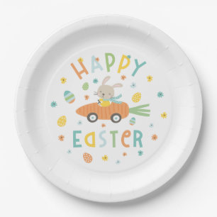 Cute Easter bunny in carrot car Paper Plate