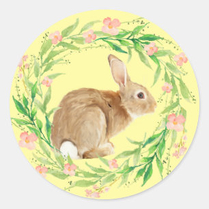 Cute Easter Bunny in Floral Wreath Classic Round Sticker