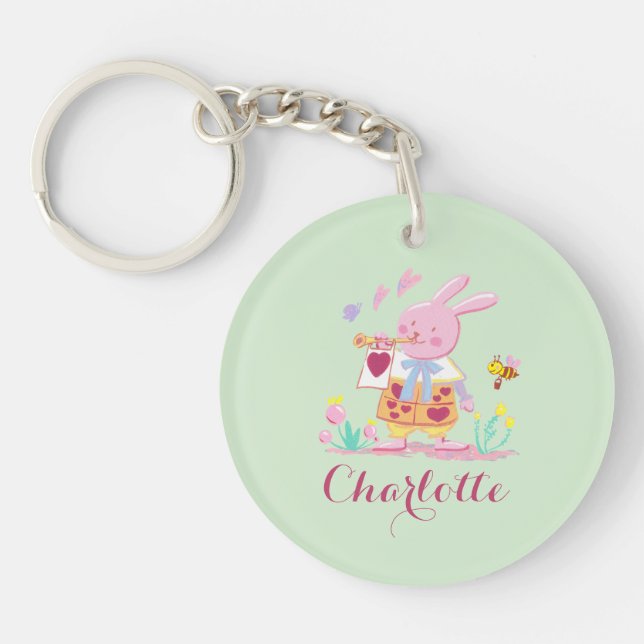 Cute Easter Bunny in Garden Egg Pattern Green  Key Ring (Front)