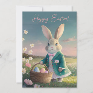 Cute Easter bunny in little blue jacket Holiday Card