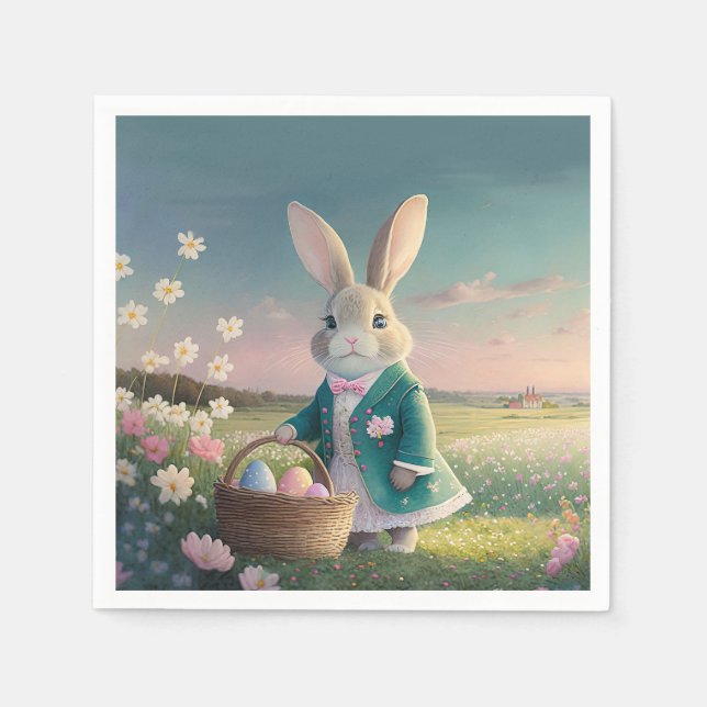 Cute Easter bunny in little blue jacket Napkin (Front)