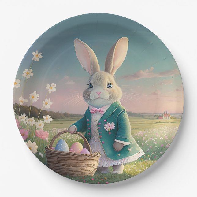 Cute Easter bunny in little blue jacket Paper Plate (Front)