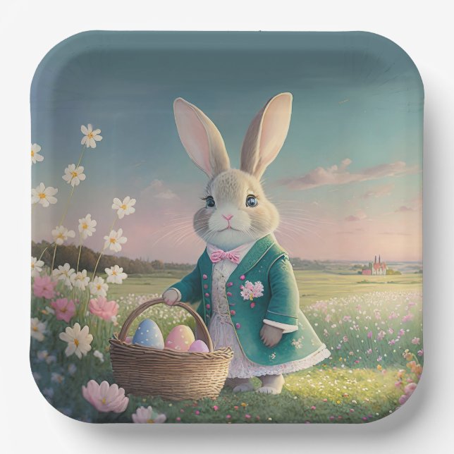 Cute Easter bunny in little blue jacket Paper Plate (Front)