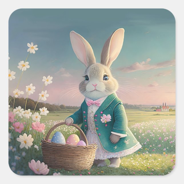Cute Easter bunny in little blue jacket Square Sticker (Front)