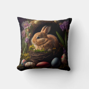Cute Easter Bunny in nest and eggs around Cushion