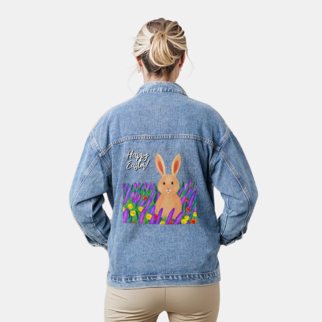 Cute Easter bunny in the flowers Denim Jacket (Model)