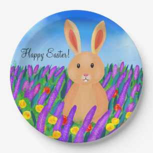Cute Easter bunny in the flowers Paper Plate