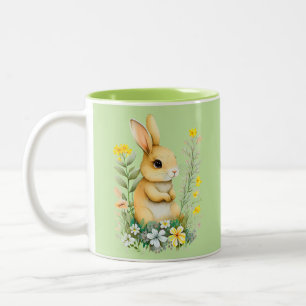 Cute Easter Bunny & Monogram on Light Green Two-Tone Coffee Mug