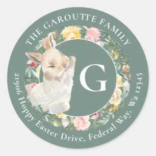 Cute Easter Bunny Monogram Watercolor Floral Classic Round Sticker