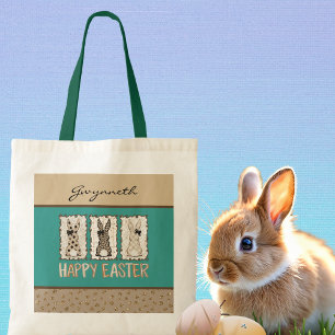 Cute Easter Bunny n Animal Print Brown Bows Teal Tote Bag