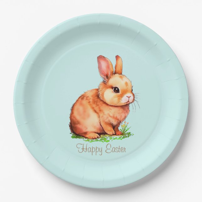 Cute Easter Bunny on Light Blue Paper Plate (Front)