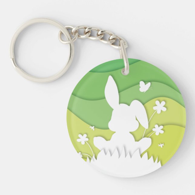 Cute easter bunny on spring meadow key ring (Front)
