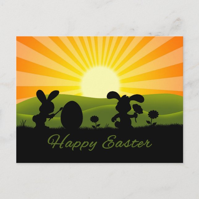 Cute Easter Bunny Painting Egg Holiday Postcard (Front)