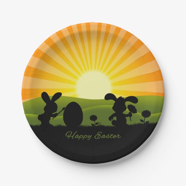 Cute Easter Bunny Painting Egg Paper Plate (Front)