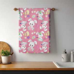 Cute Easter Bunny Painting Egg Pink Spring Floral Tea Towel