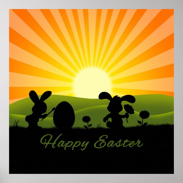 Cute Easter Bunny Painting Egg Poster (Front)