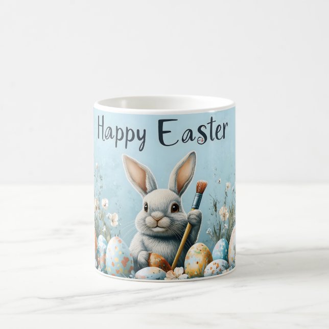 Cute Easter Bunny Painting Eggs: Springtime Art Coffee Mug (Center)