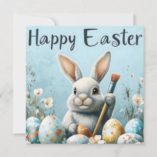 Cute Easter Bunny Painting Eggs: Springtime Art Holiday Card