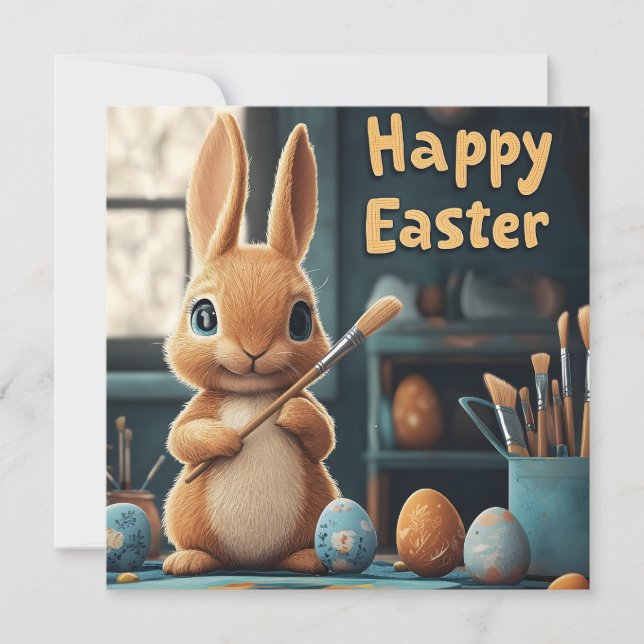 Cute Easter Bunny Painting Eggs: Springtime Art Holiday Card (Front)