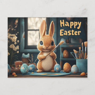 Cute Easter Bunny Painting Eggs: Springtime Art Holiday Postcard