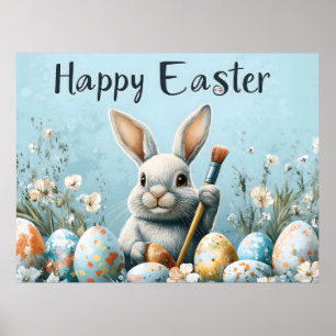 Cute Easter Bunny Painting Eggs: Springtime Art Poster
