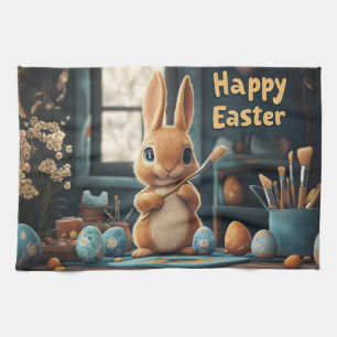 Cute Easter Bunny Painting Eggs: Springtime Art Tea Towel