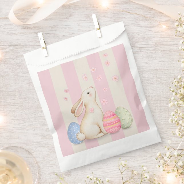 Cute Easter Bunny, Pastel Eggs, and Pink Stripes Favour Bags (Clipped)