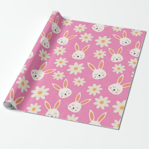 Cute Easter Bunny Pattern with Flowers on Pink  Wrapping Paper