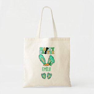 Cute Easter Bunny Personalise Name Green Tote Bag