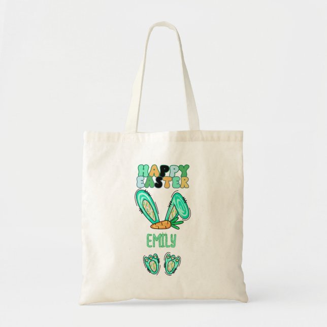 Cute Easter Bunny Personalise Name Green  Tote Bag (Front)