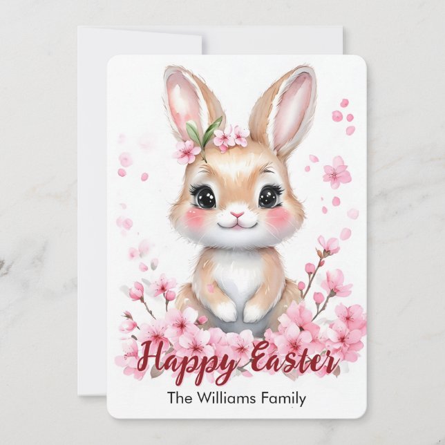 Cute Easter Bunny pink blossoms Holiday Card (Front)