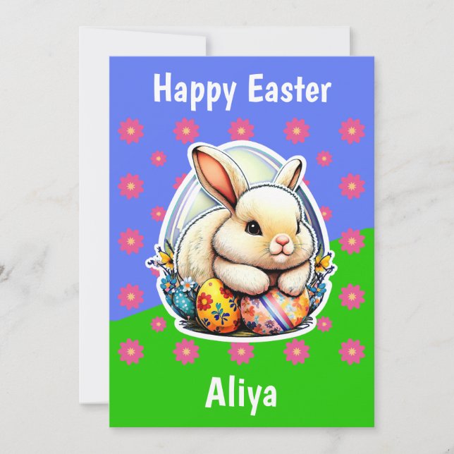 Cute Easter Bunny Pink Flower Pattern Easter Card (Front)