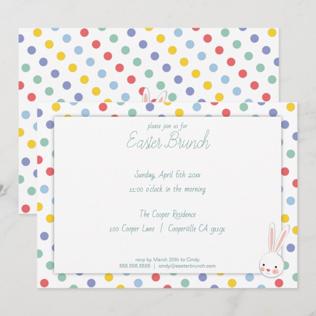 Cute Easter Bunny Polka Dot Brunch Invitation (Front/Back)