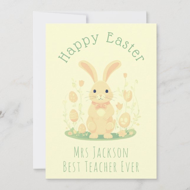 Cute Easter Bunny Preschool Teacher Yellow Holiday Card (Front)