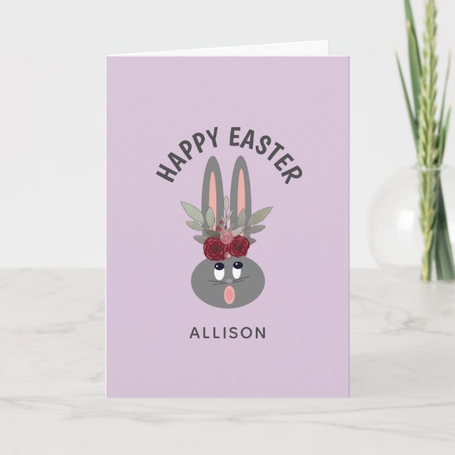 Cute Easter Bunny Purple Floral Personalised Holiday Card (Front)