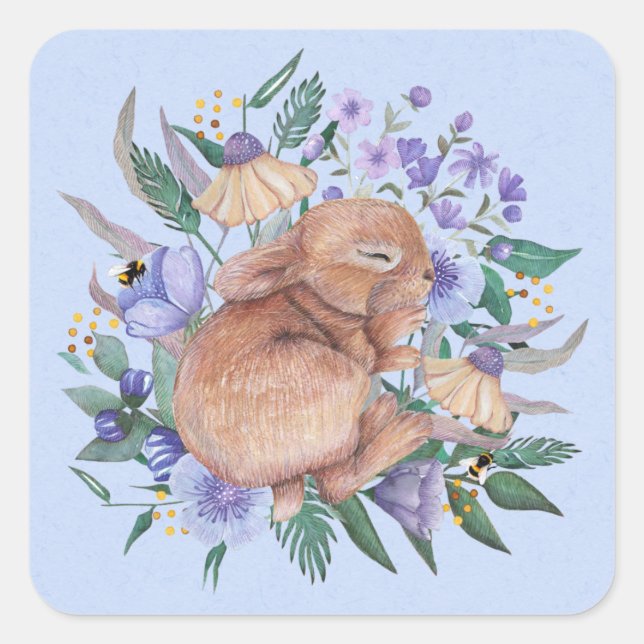 Cute Easter Bunny Purple Florals Napkins Square Sticker (Front)