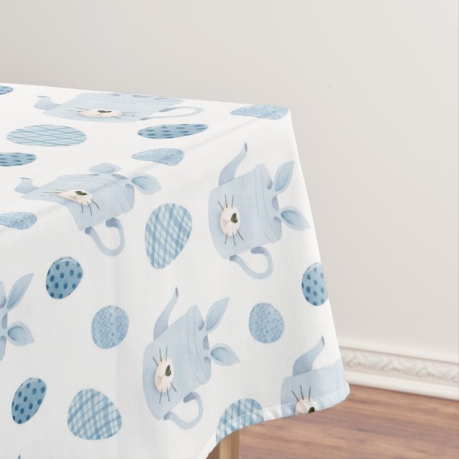 Cute Easter Bunny Rabbit Blue White Tea Pot Eggs  Tablecloth (In Situ)