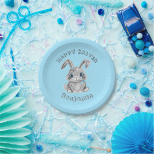 Cute Easter Bunny Rabbit Boys Name Blue Paper Plate