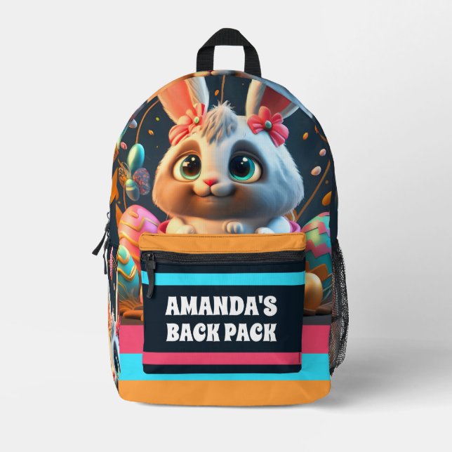 Cute Easter Bunny Rabbit Personalised Kids Name Printed Backpack (Front)