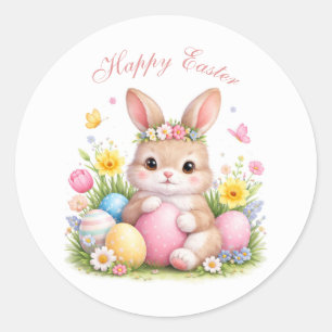 Cute Easter Bunny Rabbit Pink Blush Peony Classic Round Sticker