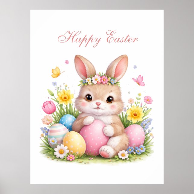Cute Easter Bunny Rabbit Pink Blush Peony Poster (Front)